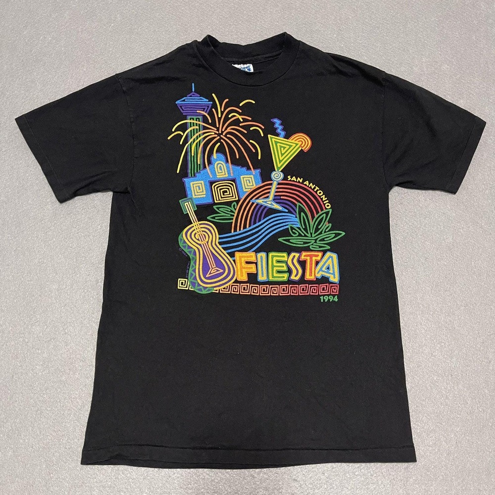 VTG San Antonio Fiesta Shirt Men Medium Black 1994 Night Lights Panorama 90s